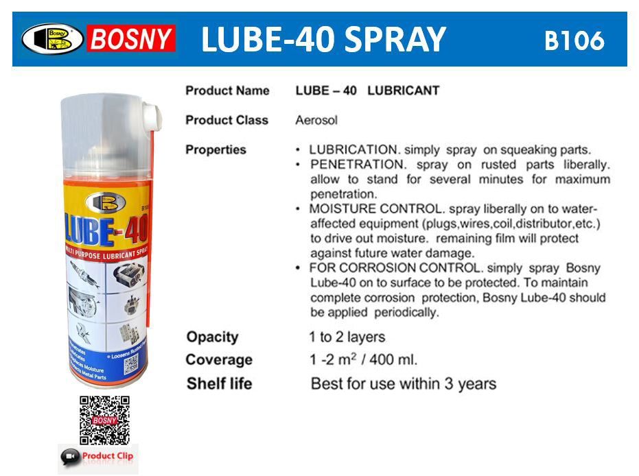 Bosny LUBE-40 Multi-Purpose Spray Lubricant, 200 cc/400 cc, Penetrating and Moisture Displacing Formula