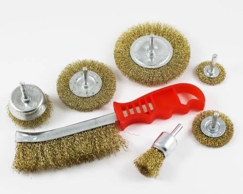 7 Piece Wire Brush Set, Crimped Steel Wire Wheel Brushes with Red Handle, Assorted Sizes for Cleaning, Rust Removal, Polishing