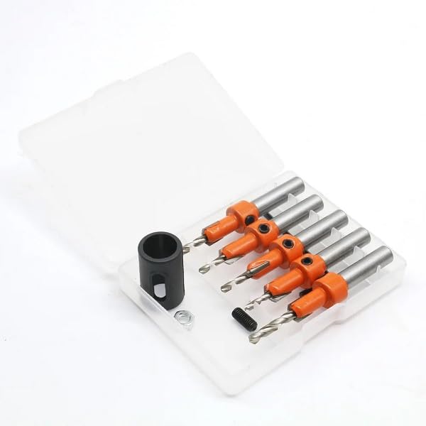 Professional Countersink Drill Bit Set, 8mm ,5-Piece Orange Steel Bits with Storage Case, Quick Change Hex Shank for Woodworking with Depth Stopper