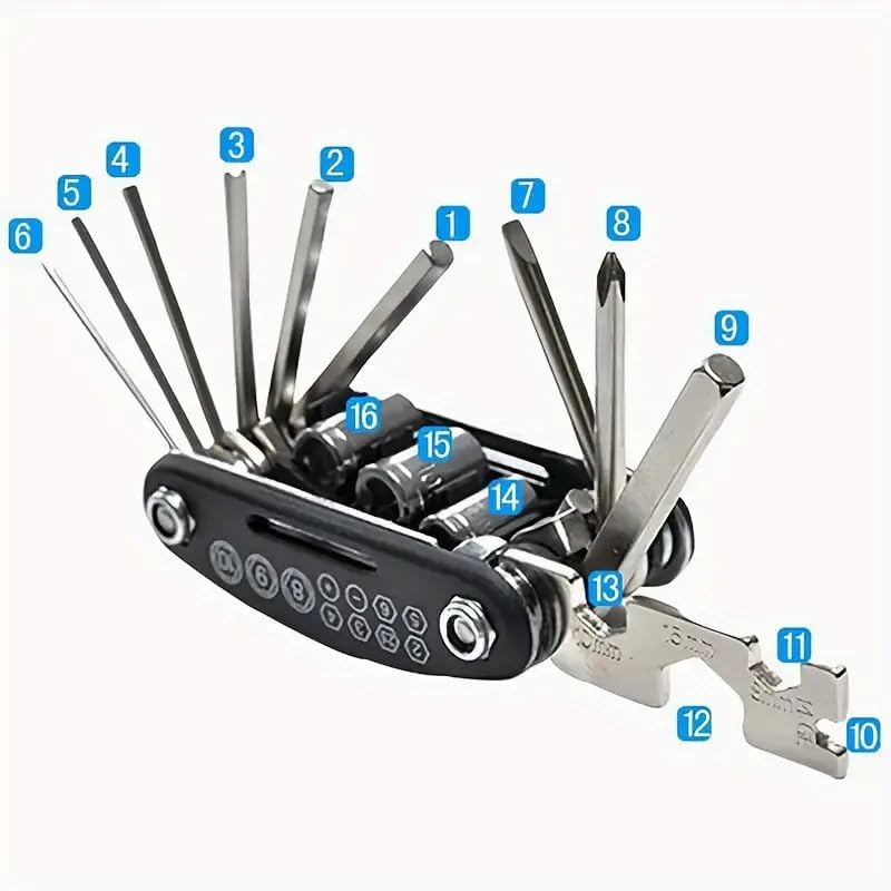 16-in-1 Bicycle Repair Multi-Tool Kit, Steel Construction, Manual Tools with Hex Keys, Black and Silver, 150g