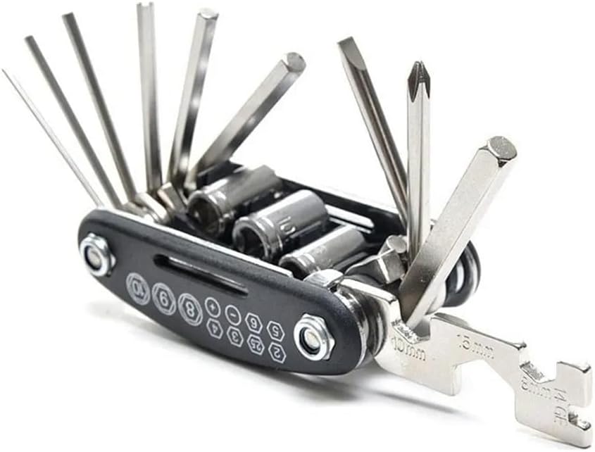 16-in-1 Bicycle Repair Multi-Tool Kit, Steel Construction, Manual Tools with Hex Keys, Black and Silver, 150g