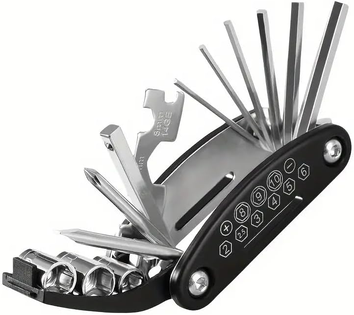16-in-1 Bicycle Repair Multi-Tool Kit, Steel Construction, Manual Tools with Hex Keys, Black and Silver, 150g
