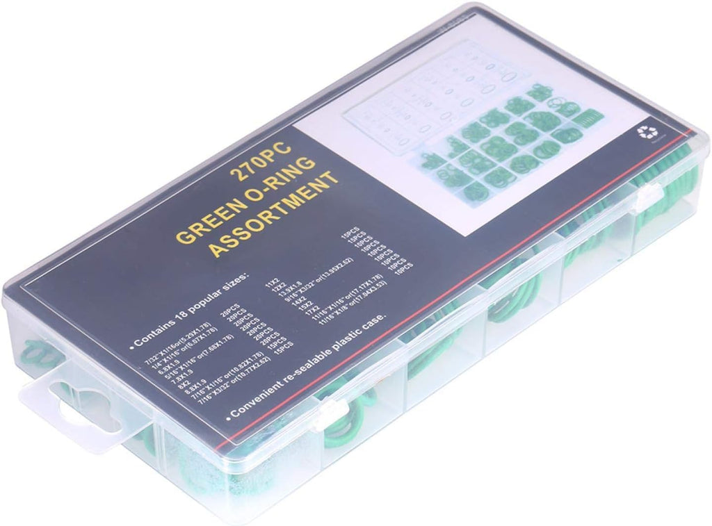 270-Piece HNBR O-Ring Assortment Kit, 18 Sizes, Automotive Air Conditioning Repair Set with Storage Case, Green