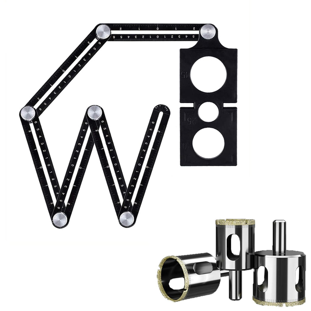 Professional Multi-Angle Measuring Ruler, Black Aluminum Alloy, 6-Fold Template Tool with Drill Guide and Tile Locator for Builders, Carpenters, Craftsmen