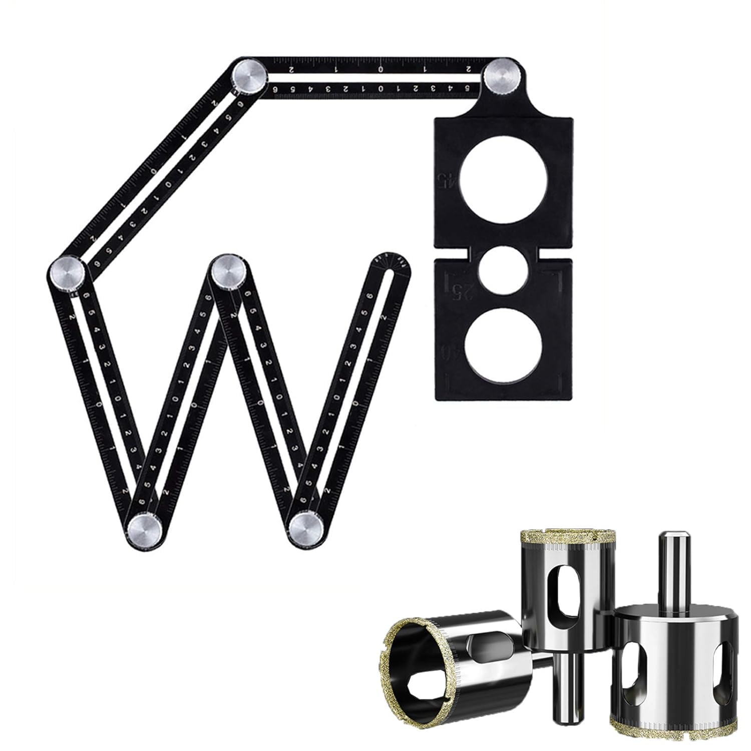 Professional Multi-Angle Measuring Ruler, Black Aluminum Alloy, 6-Fold Template Tool with Drill Guide and Tile Locator for Builders, Carpenters, Craftsmen