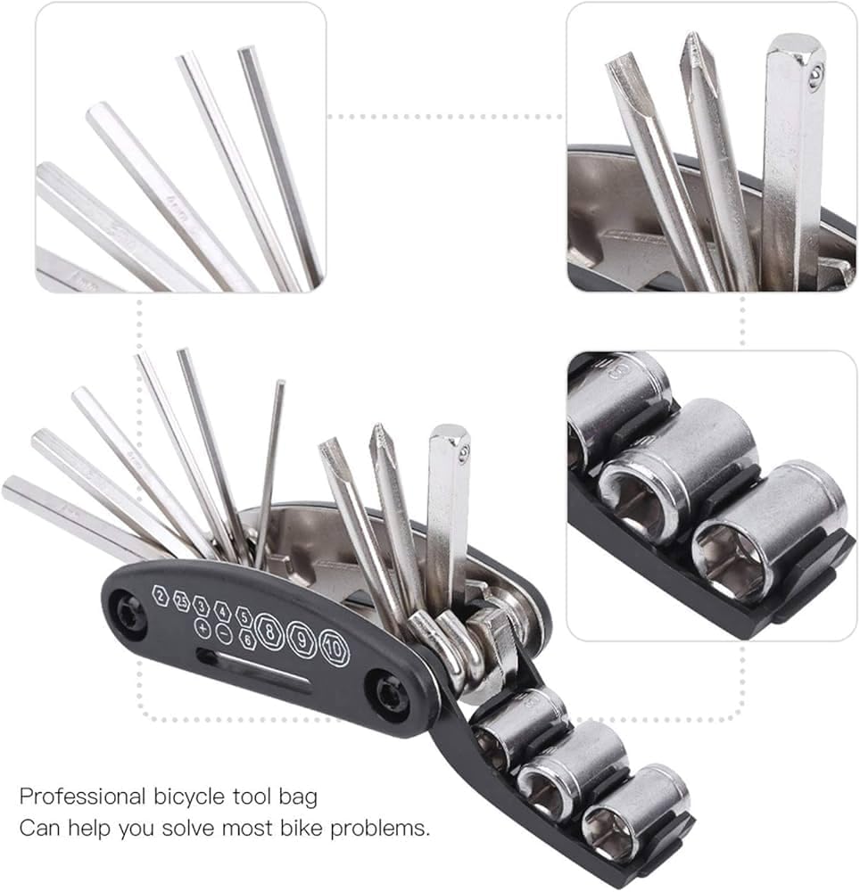 16-in-1 Bicycle Repair Multi-Tool Kit, Steel Construction, Manual Tools with Hex Keys, Black and Silver, 150g
