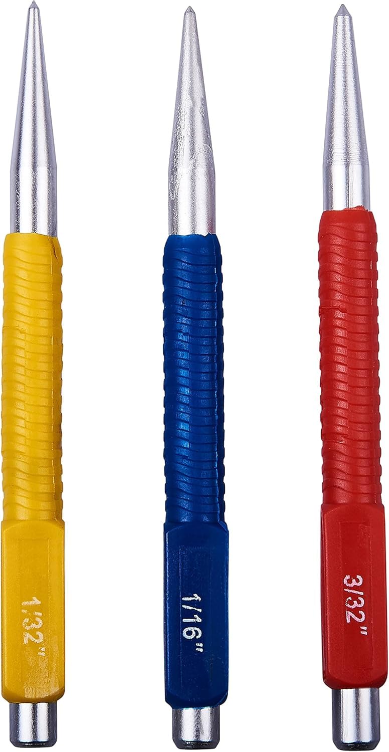 3-Piece Centre Punch Set, Colour-Coded in Red, Blue, Yellow with Metal Tips