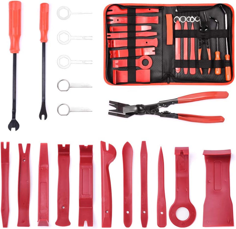 MICTUNING Car Panel Removal Tools, 19pcs Auto Door Panel Trim Removal Tool Kit with Clip Plier Set & Fastener Remover for Car Panel Dash Audio Radio Pry Tool Kits with Storage Bag (RED)