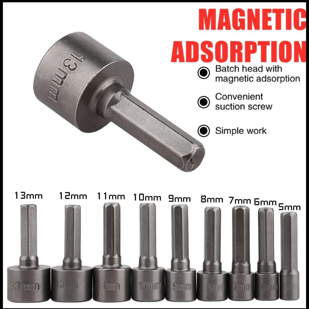 9 Pcs Hex Drill Bits Tools,5-13mm Hex Shank Magnetic Nut Setter Driver, Drill Bit Set Powerful Socket Combination Quick Change Metric Nut Driver Set for ElectricManual Screwdrivers