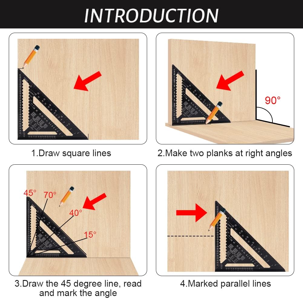 Professional Aluminum Speed Square, 12 inch Triangle Ruler, Black Metric Rafter Square with Conversion Tables, 30x30cm Carpenter Protractor for Woodworking Angle Measuring