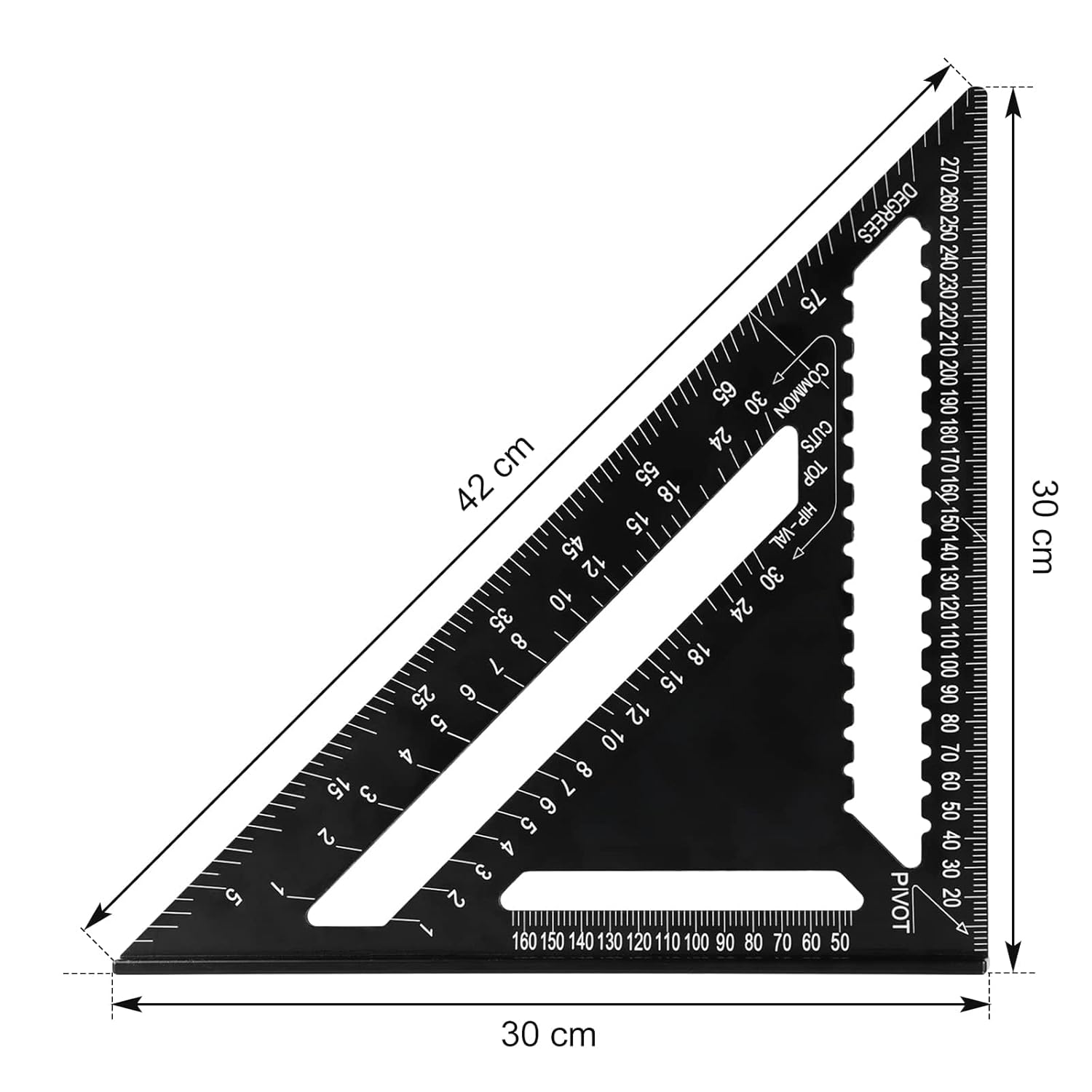Professional Aluminum Speed Square, 12 inch Triangle Ruler, Black Metric Rafter Square with Conversion Tables, 30x30cm Carpenter Protractor for Woodworking Angle Measuring