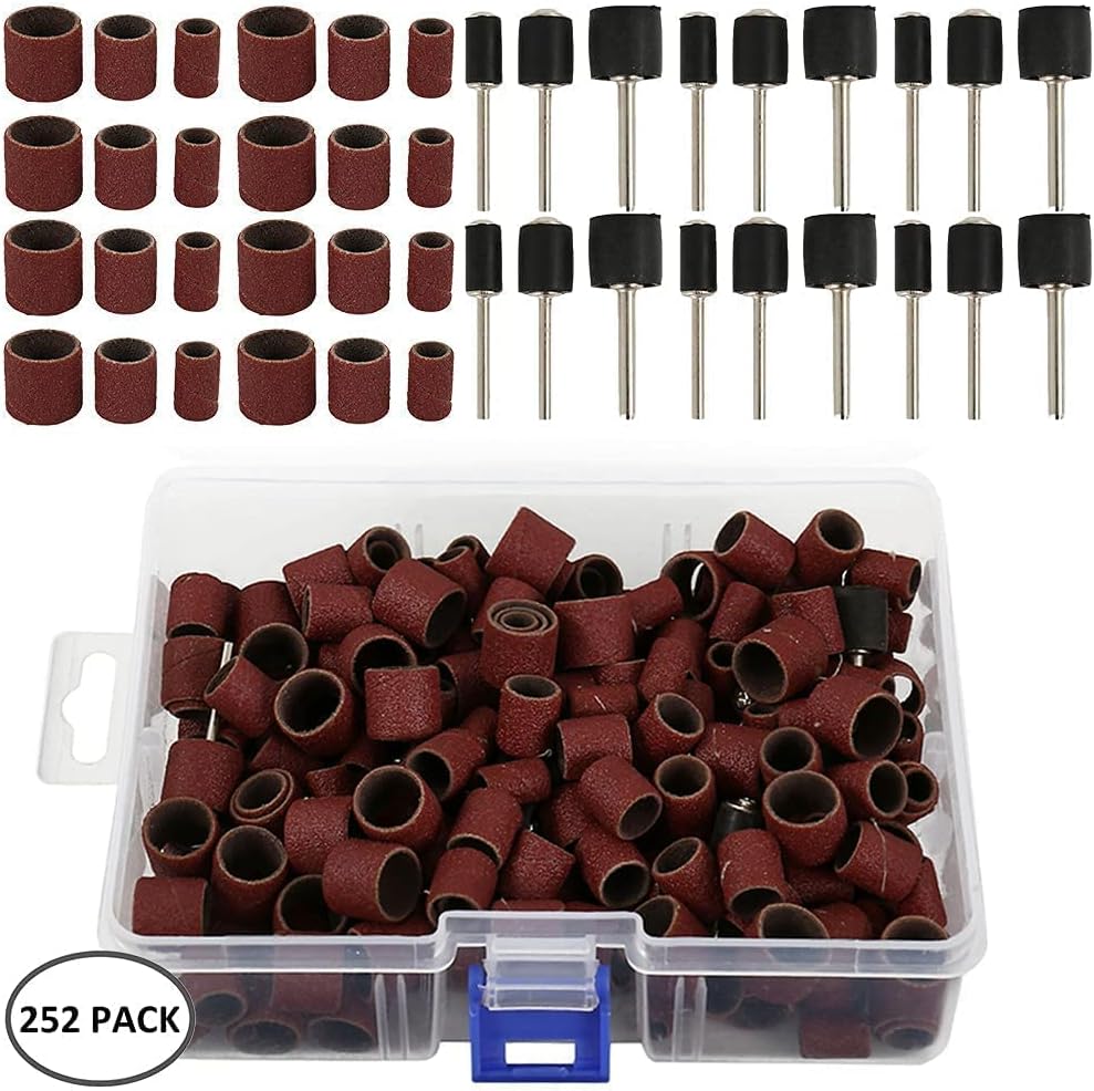 252 Pieces Sanding Drum Kit with Free Box Including 240 Pieces Drum Sander Nail Sanding Band Sleeves and 12 Pieces Drum Mandrels for Dremel Rotary Tool Set