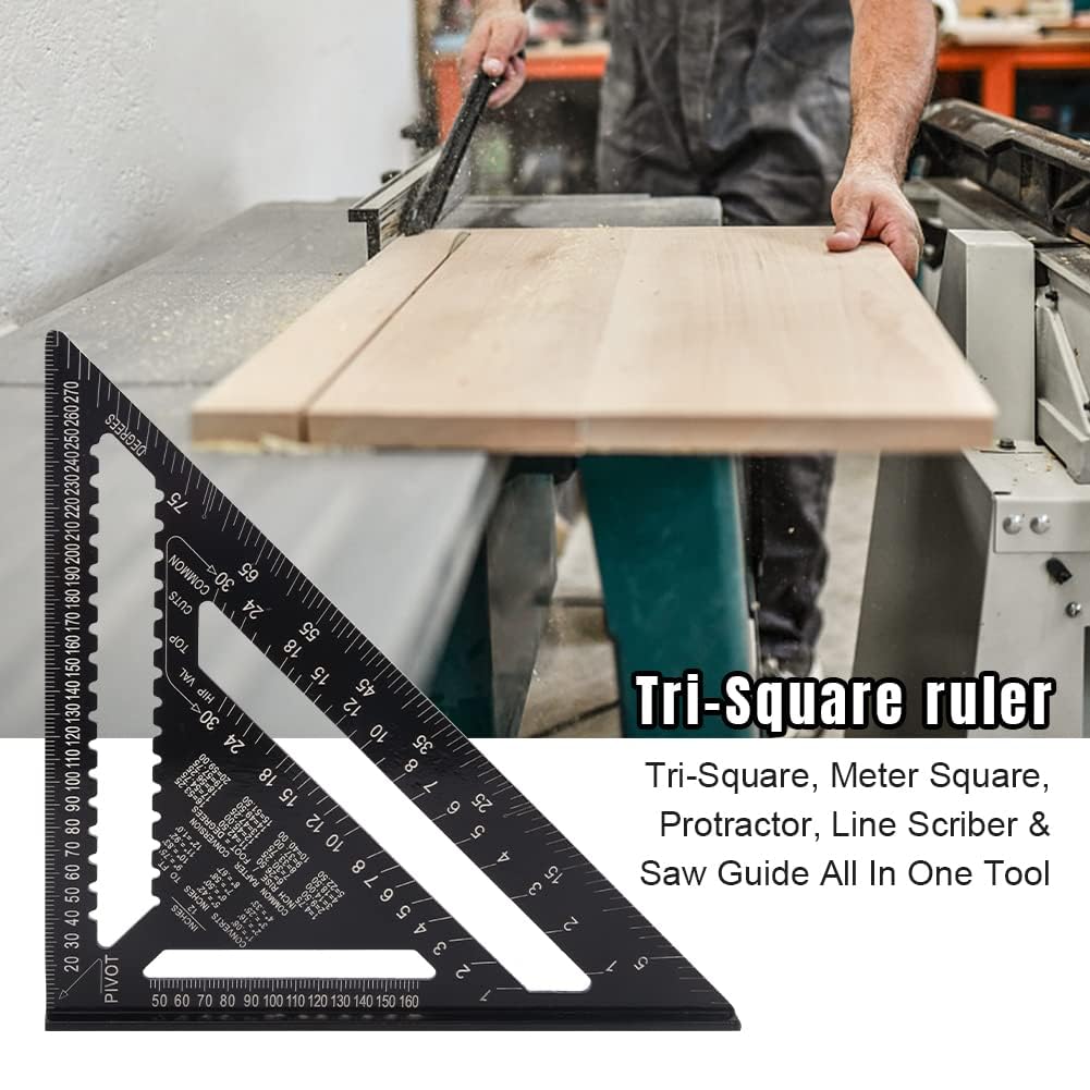 Professional Aluminum Speed Square, 12 inch Triangle Ruler, Black Metric Rafter Square with Conversion Tables, 30x30cm Carpenter Protractor for Woodworking Angle Measuring
