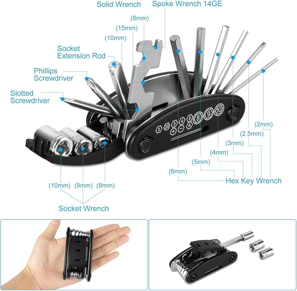 16-in-1 Bicycle Repair Multi-Tool Kit, Steel Construction, Manual Tools with Hex Keys, Black and Silver, 150g