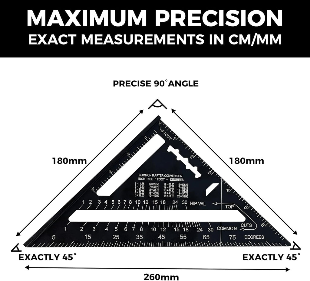 Alfresco 180 mm Speed Square, Metric Triangle Set Square of Carpenters Tools, Combination Square Triangular Ruler for Carpentry, Woodworking, Roofing, Framing, Engineering, Tiling (black)
