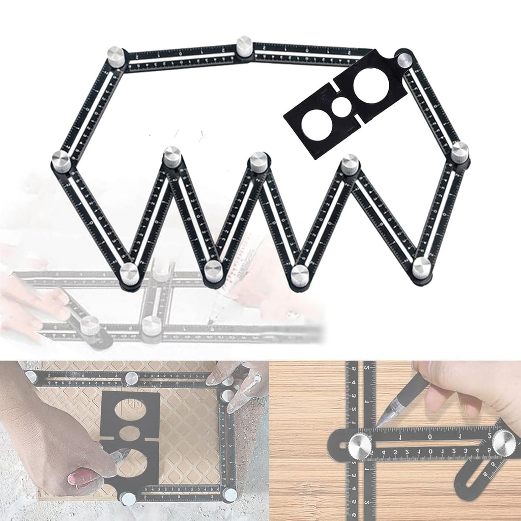 Professional Multi-Angle Measuring Ruler, Black Aluminum Alloy, 6-Fold Template Tool with Drill Guide and Tile Locator for Builders, Carpenters, Craftsmen