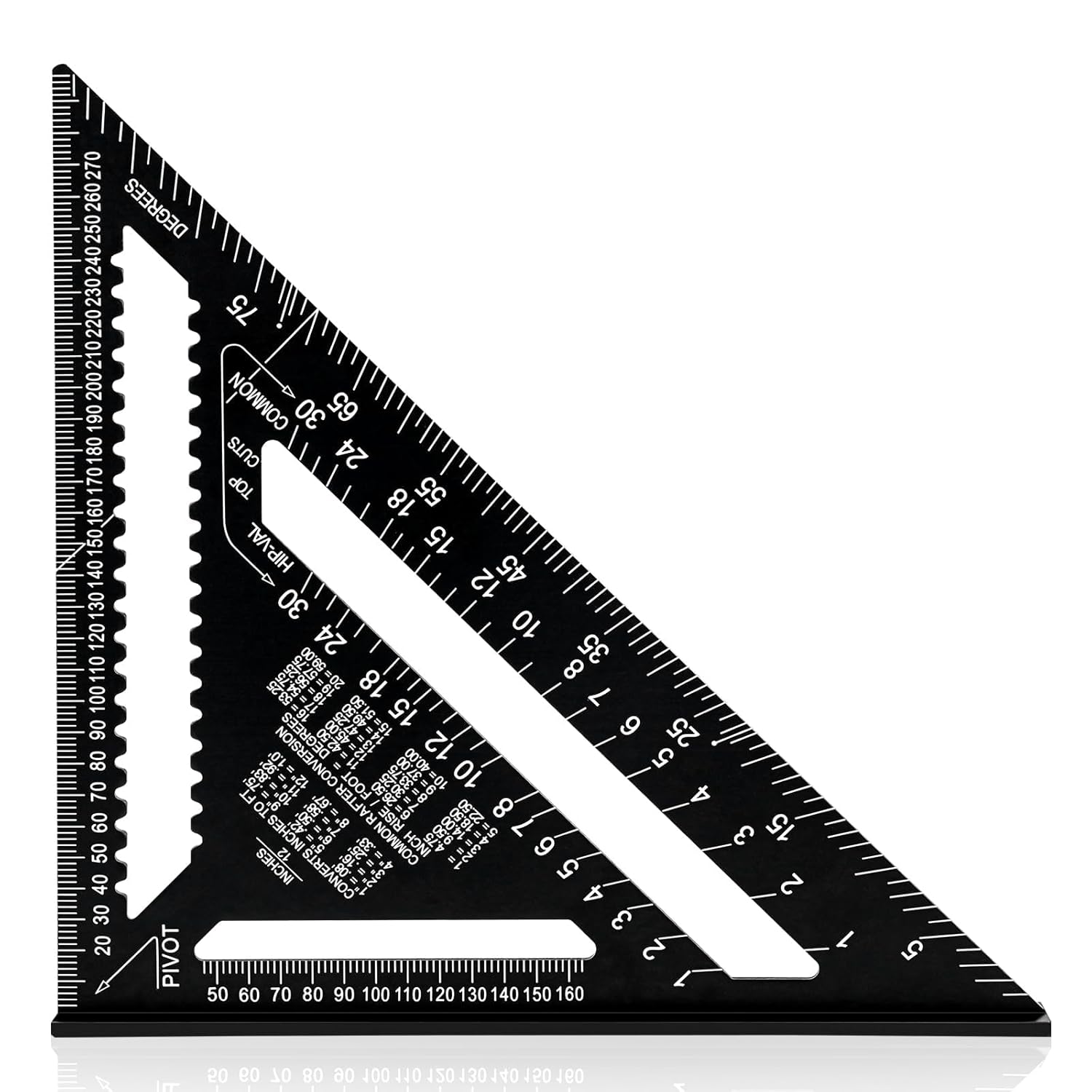 Professional Aluminum Speed Square, 12 inch Triangle Ruler, Black Metric Rafter Square with Conversion Tables, 30x30cm Carpenter Protractor for Woodworking Angle Measuring