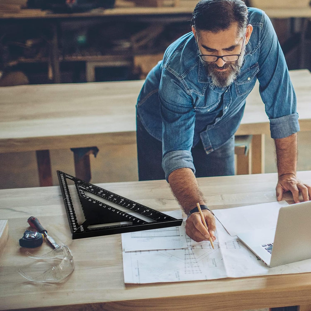 Professional Aluminum Speed Square, 12 inch Triangle Ruler, Black Metric Rafter Square with Conversion Tables, 30x30cm Carpenter Protractor for Woodworking Angle Measuring