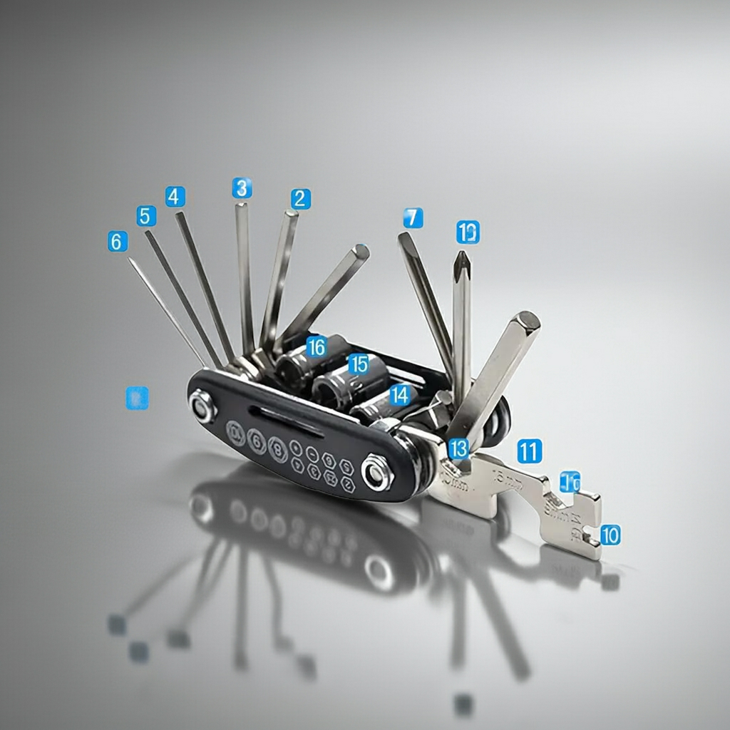 16-in-1 Bicycle Repair Multi-Tool Kit, Steel Construction, Manual Tools with Hex Keys, Black and Silver, 150g